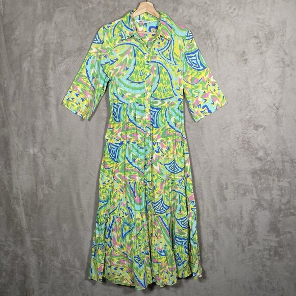 Zara Maxi Shirt Dress M Printed Colorful Vibrant Maximalism Lightweight Tiered - Picture 3 of 16